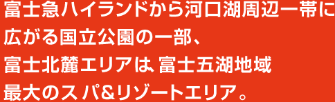 富士急ハイランドから河口湖周辺一帯に広がる国立公園の一部、富士北麓エリアは、富士五湖地域最大のスパ＆リゾートエリア。